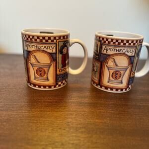 Two Lang and Wise VTG Susan Winget Signboards Apothecary Coffee Mugs Cups 1998
